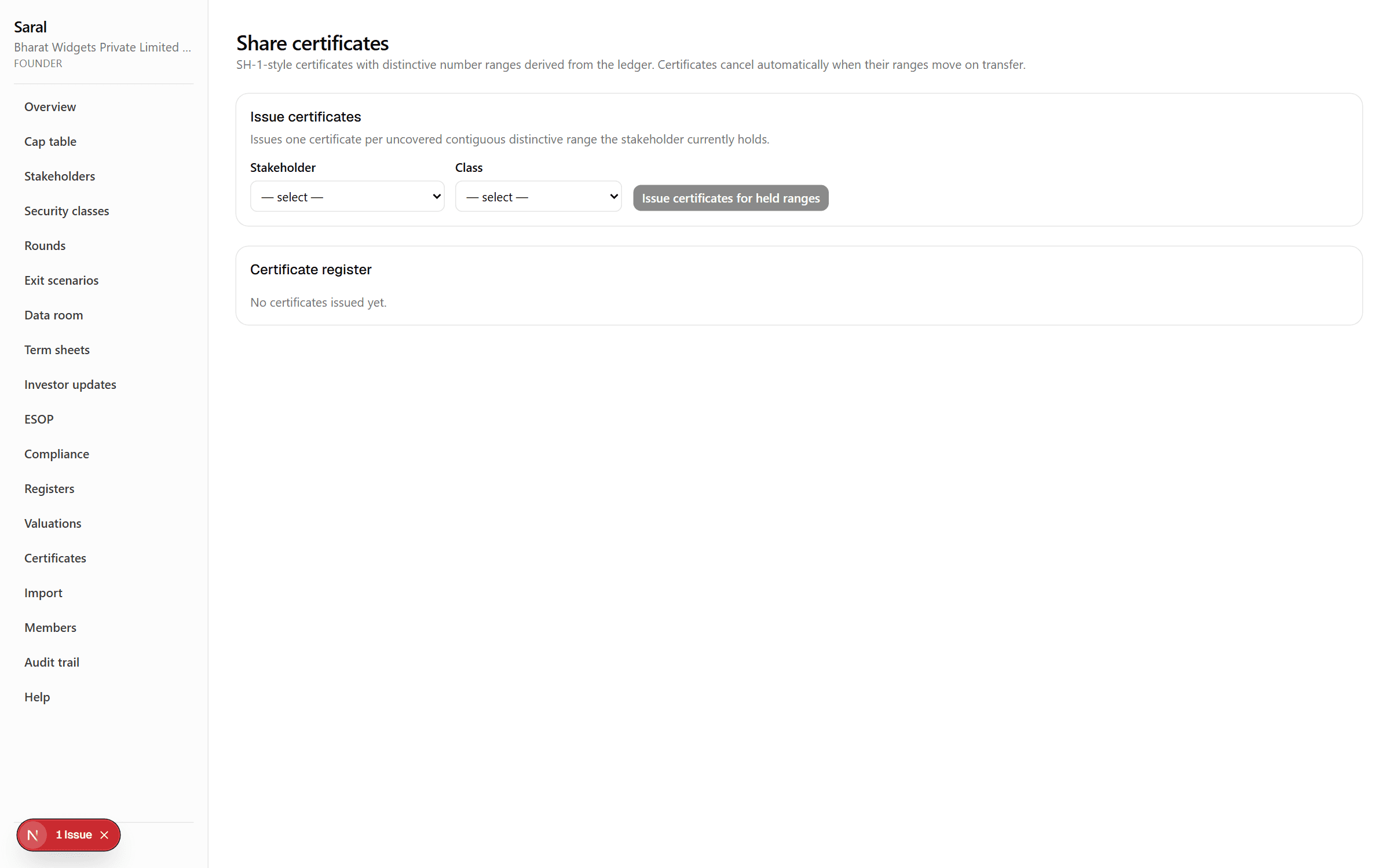 SH-1 share certificates with distinctive number ranges, generated and tracked.